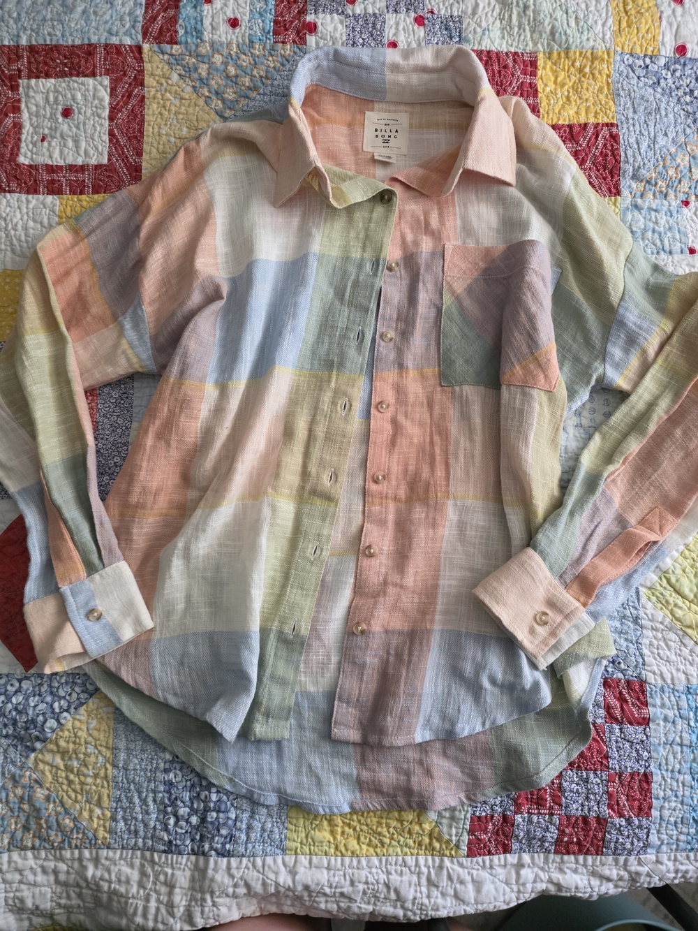Billabong Pastel Plaid Button-Down Shirt - Peach, Blue, Mint